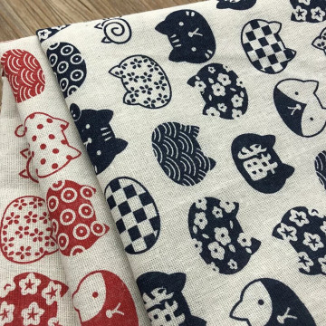 31046 和風貓咪/ZAKKA風粗織棉麻手工印花家飾布料/幅寬150cm