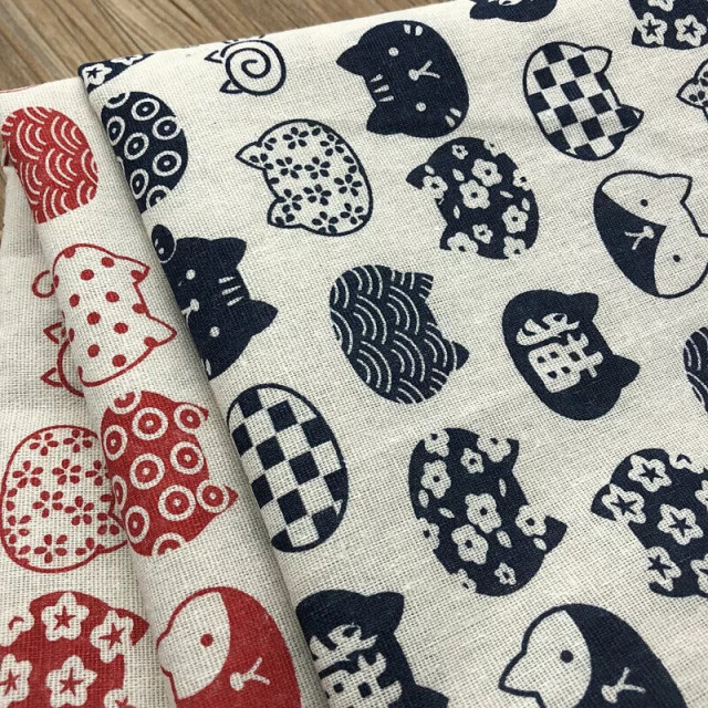 31046 和風貓咪/ZAKKA風粗織棉麻手工印花家飾布料/幅寬150cm