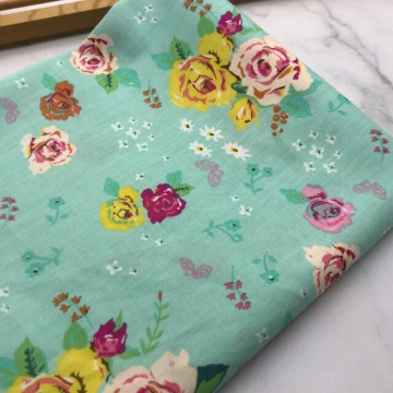 5359-9 湖藍玫瑰純棉斜紋印花布料/柔軟細膩服飾床品/幅寬160cm