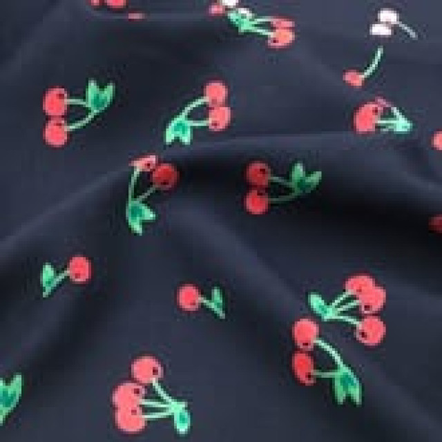 5692 黑藍底紅櫻桃雕印棉綢/嫘縈/細滑涼爽/幅寬145