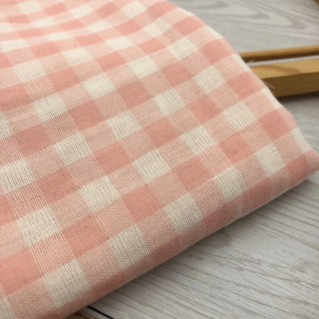 5895 粉白格色織雙層棉紗二重紗布料/柔軟親膚/幅寬150cm