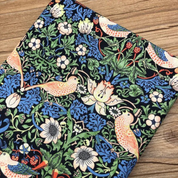 7344-2 花叢小鳥平紋純棉印花布料手工拼布/幅寬110cm