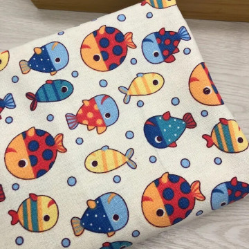 7317-紅藍小魚 混紡印花亞麻/自然質樸家居用品製作/幅寬150cm