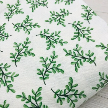 7317- 白底綠葉 亞麻印花家飾布料/古樸老粗布/幅寬150cm