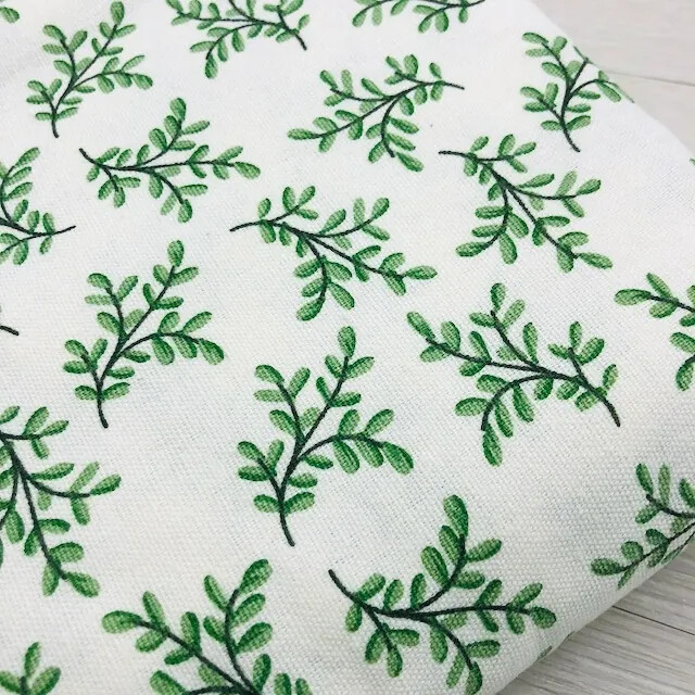 7317- 白底綠葉 亞麻印花家飾布料/古樸老粗布/幅寬150cm